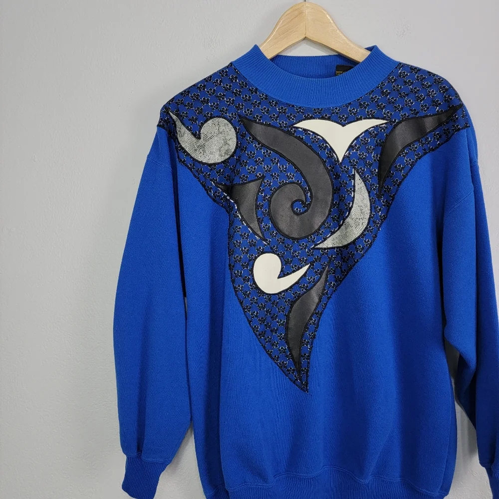 Vintage 80s Extravagannza Mock Neck Abstract Royal Blue Sweatshirt Size Large - Picture 11 of 17